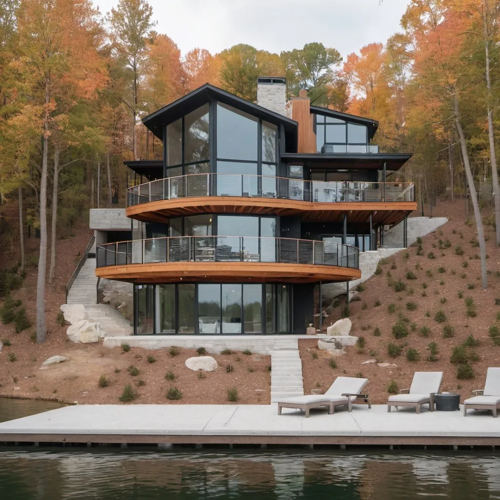 Prompt: modernist 3 story lake house with a wrap around deck and nowegean design