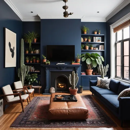 Prompt: Brooklyn Brownstone interior shots, wide plank wooden floors, cacti and many other plants with floor mah jong
 seating in the livingroom a standing bang and olufsen 
tv and fireplace, overlayed morocan rugs, painted midnight blue

