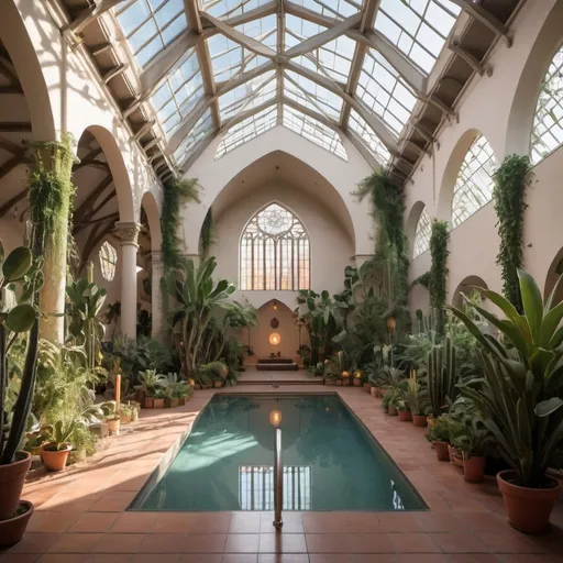 Prompt: interior of a large cathedral converted into a yoga studio, with a pool and  filled with many leafy plants, some cacti, large hanging plants at sunset, large windows, vines and a large skylight