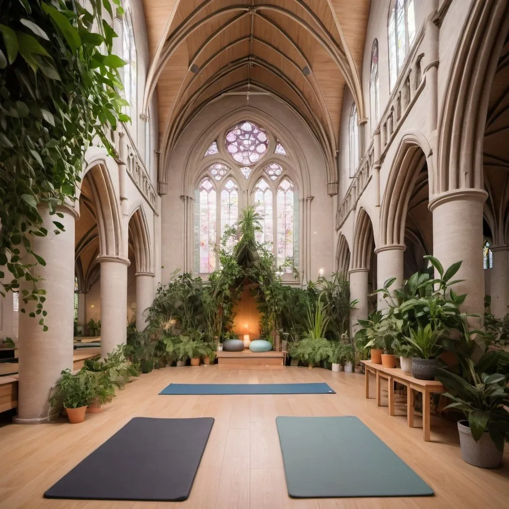 Prompt: interior of a cathedral converted into a yoga studio filled with plants