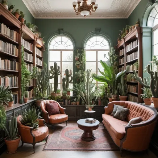 Prompt: the most beautiful and modern personal library with many different plants and cacti and comfortable turn of the century seating

