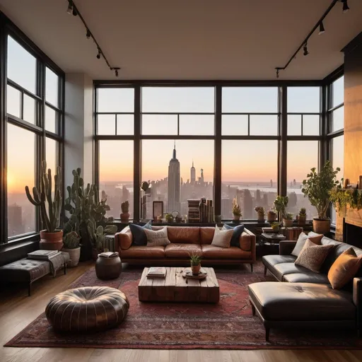 Prompt: interior living room shot of a new york city penthouse apartment with large windows, large amount of different plants, cacti, a fire place, wide plank wooden floors with moroccan rugs on a fall sunset, with books everywhere and floor seating and modern tech tastefully integrated, designed for a sophisticated bachelor in his late 30s clas