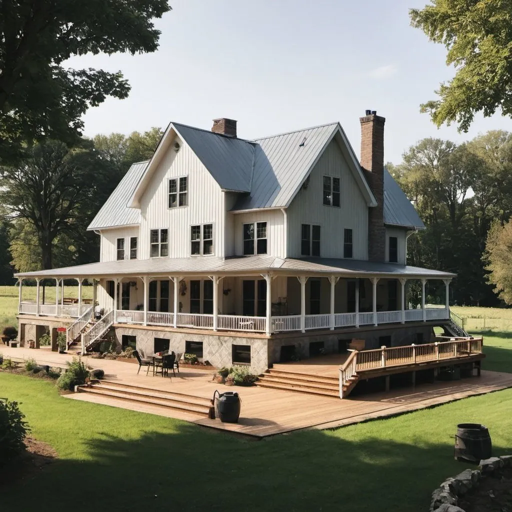 Prompt: farm house with a wrap around deck 