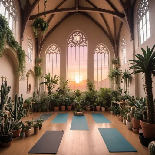 Prompt: interior of a cathedral converted into a yoga studio filled with many leafy plants, some cacti, more hanging plants at sunset 