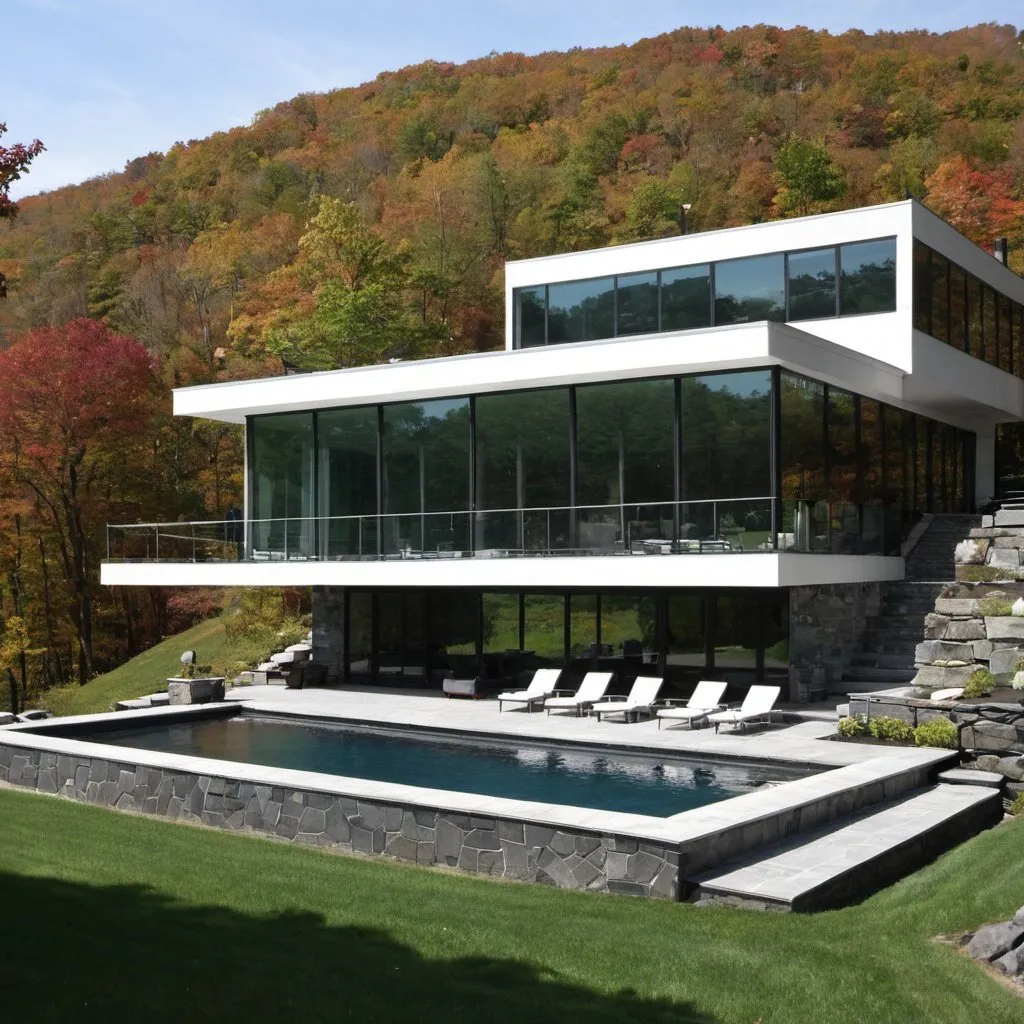 Prompt: modern home overlooking the hudson valley new york, with a pool
