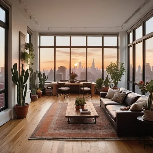 Prompt: interior living room with a dining room and open kitchen 
shot of a new york city penthouse apartment with large windows, large amount of different plants, cacti, a fire place, wide plank wooden floors with moroccan rugs on a fall sunset, with books everywhere and floor seating and modern tech tastefully integrated, designed for a sophisticated bachelor in his late 30s clas