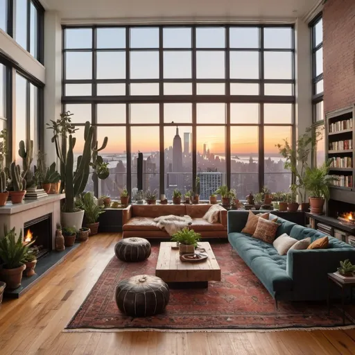 Prompt: interior living room with a dining room and open kitchen 
shot of a new york city penthouse apartment with large windows, large amount of different plants, cacti, a fire place, wide plank wooden floors with moroccan rugs on a fall sunset, with books everywhere and floor seating and modern tech tastefully integrated, designed for a sophisticated bachelor in his late 30s clas