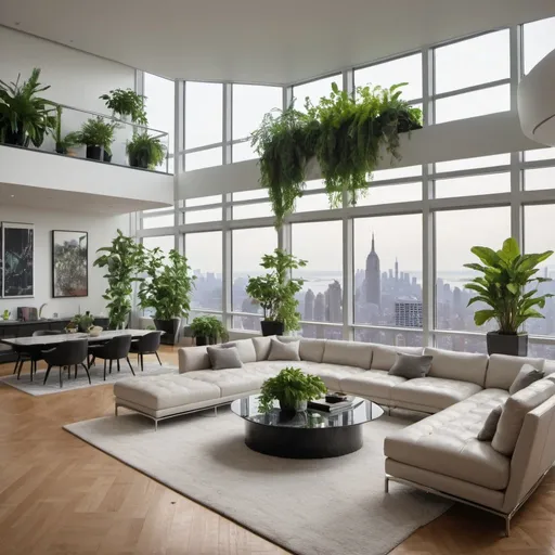 Prompt: interior living room shot of a new york city modern contemporary designed penthouse apartment with large windows so lots of plants and modern tech tastefully integrated, in the year 3035