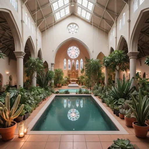 Prompt: interior of a large cathedral converted into a yoga studio, with a pool and  filled with many leafy plants, some cacti, more hanging plants at sunset 