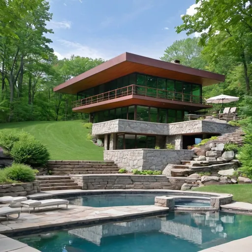 Prompt: frank loyd wright style modern home overlooking the hudson valley new york, with a pool
