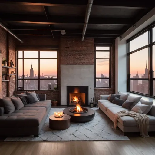 Prompt: very Cozy modern  loft space with a fireplace in new york at sunset