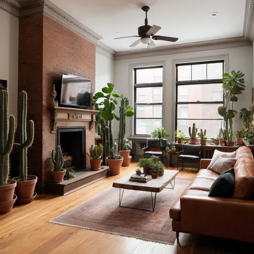 Prompt: Brooklyn Brownstone interior shots, wide plank wooden floors, cacti and many other plants with floor seating in the livingroom a standing tv and fireplace