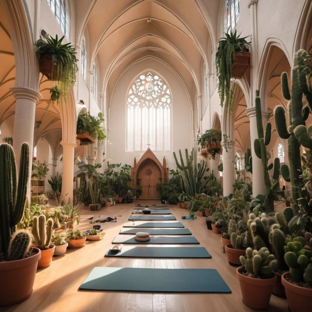 Prompt: interior of a cathedral converted into a yoga studio filled with many plants, cacti, more hanging plants at sunset 