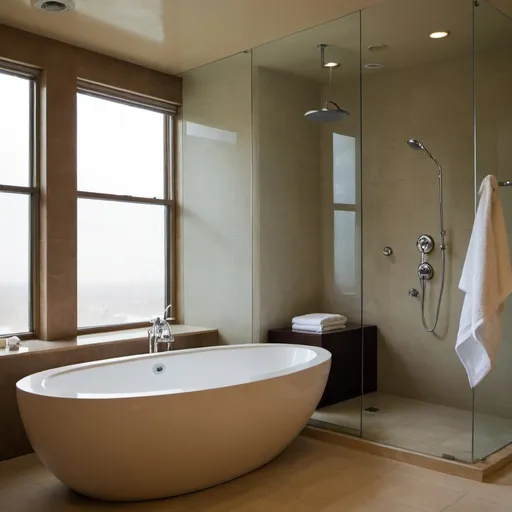 Prompt: super advanced  bathroom  a rainfall shower and a separate bathtub tub, towel warming,

