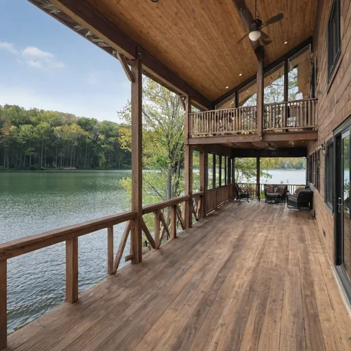 Prompt: 
lake house with a wrap around deck 