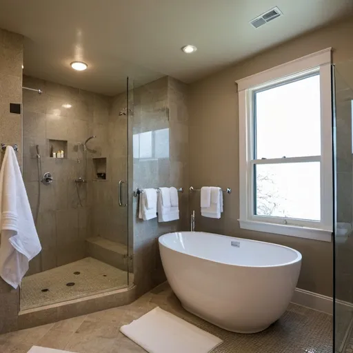 Prompt: super advanced  bathroom  a rainfall shower and a separate bathtub tub, towel warming,

