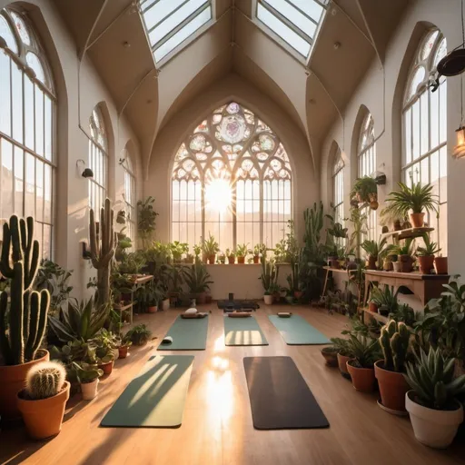 Prompt: interior of a cathedral converted into a yoga studio filled with many plants, cacti, more hanging plants at sunset with sun beams through the windows