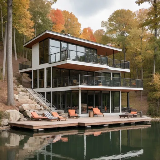 Prompt: modernist 3 story lake house with a wrap around deck 
