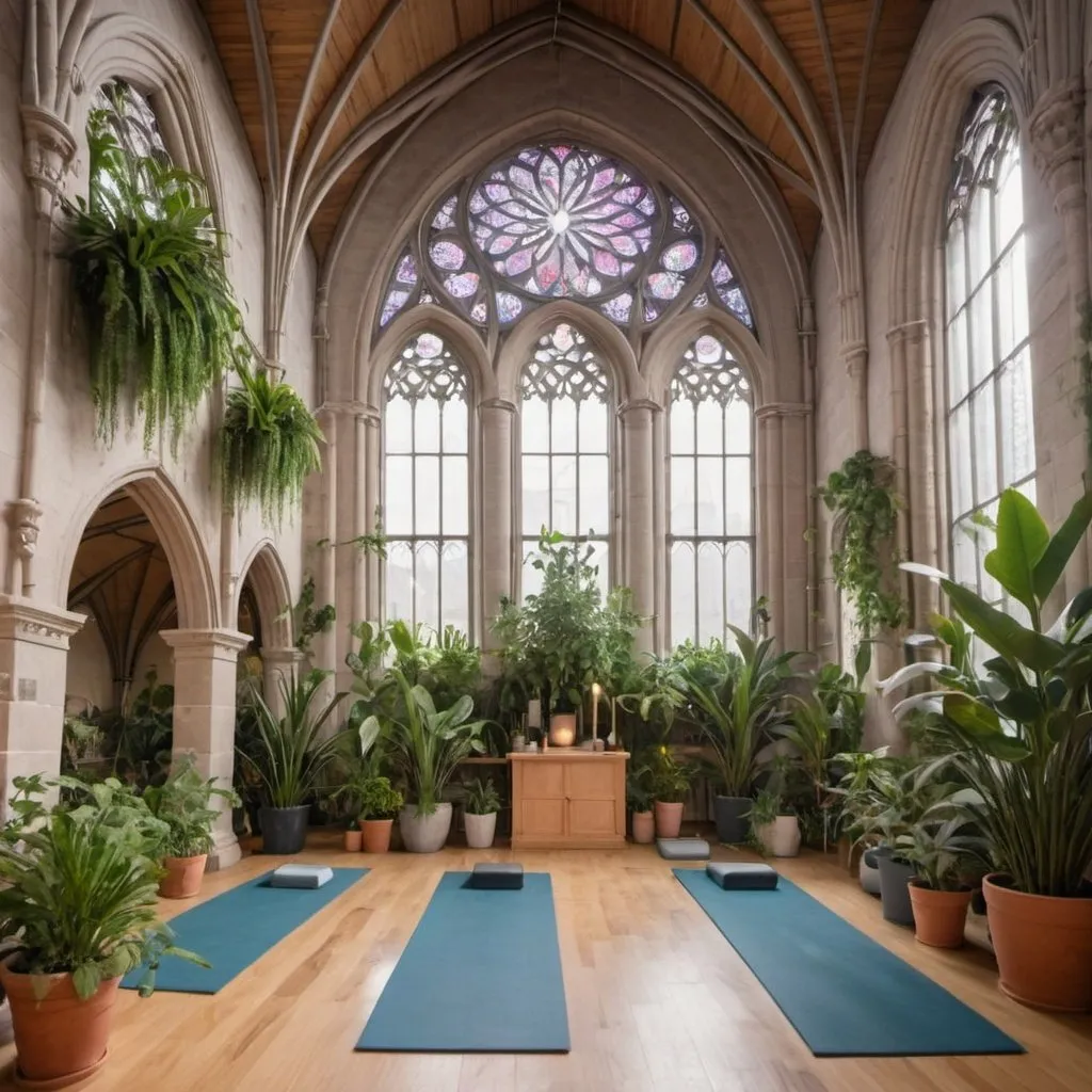 Prompt: interior of a cathedral converted into a yoga studio filled with very very many plants