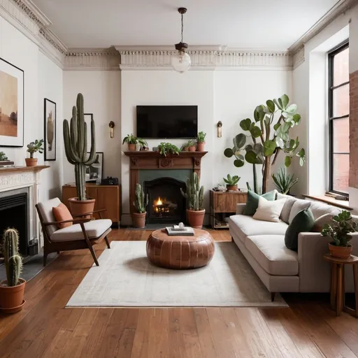 Prompt: Brooklyn Brownstone interior shots, wide plank wooden floors, cacti and many other plants with floor seating in the livingroom a standing tv and fireplace