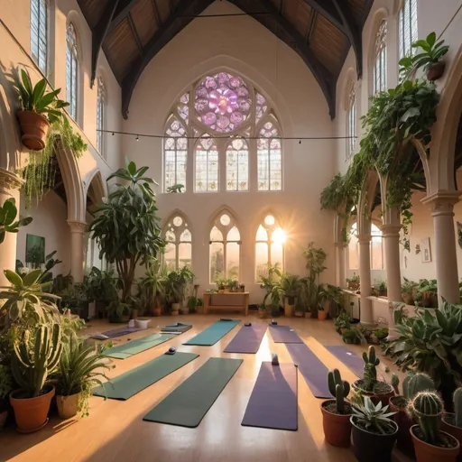 Prompt: interior of a cathedral converted into a yoga studio filled with many leafy plants, some cacti, more hanging plants at sunset 