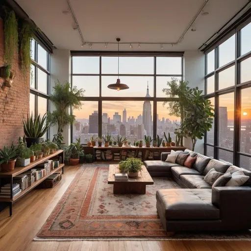 Prompt: interior living room with a dining room and open kitchen 
shot of a new york city penthouse apartment with large windows, large amount of different plants, cacti, a fire place, wide plank wooden floors with moroccan rugs on a fall sunset, with books everywhere and floor seating and modern tech tastefully integrated, designed for a sophisticated bachelor in his late 30s add lots og hanging plants