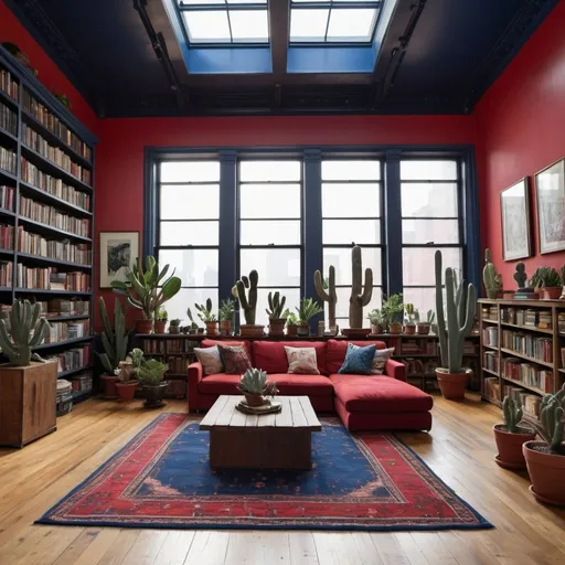 Prompt: Brooklyn loft interior shots, wide plank wooden floors, large windows, cacti and large variety of plants different colors, red  morocan rug, walls and ceiling painted midnight blue, with a wall of books and skylights, robot statue


