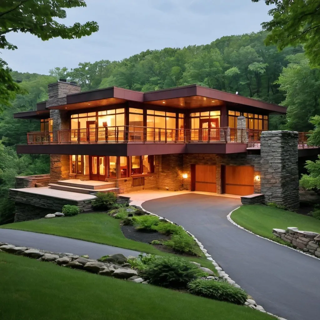 Prompt: frank loyd wright style modern home overlooking the hudson valley new york
