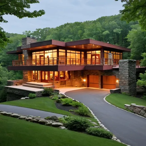 Prompt: frank loyd wright style modern home overlooking the hudson valley new york
