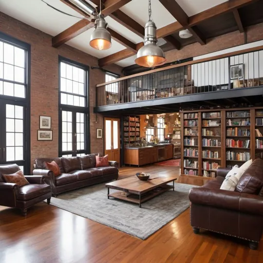 Prompt: interior top floor of firehouse converted to living room kitchen space with a library floor to ceiling shelves, tv space, dining room, wide plank wooden floors, stainless steel countertops in kitchen, big comfy couches and leather vintage chair, metal lamp, floating fire place, very cozy feeling large space, 15 ft ceiling height


