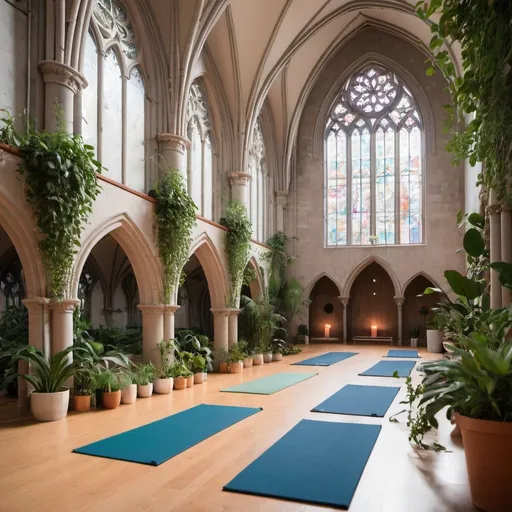 Prompt: interior of a cathedral converted into a yoga studio filled with plants