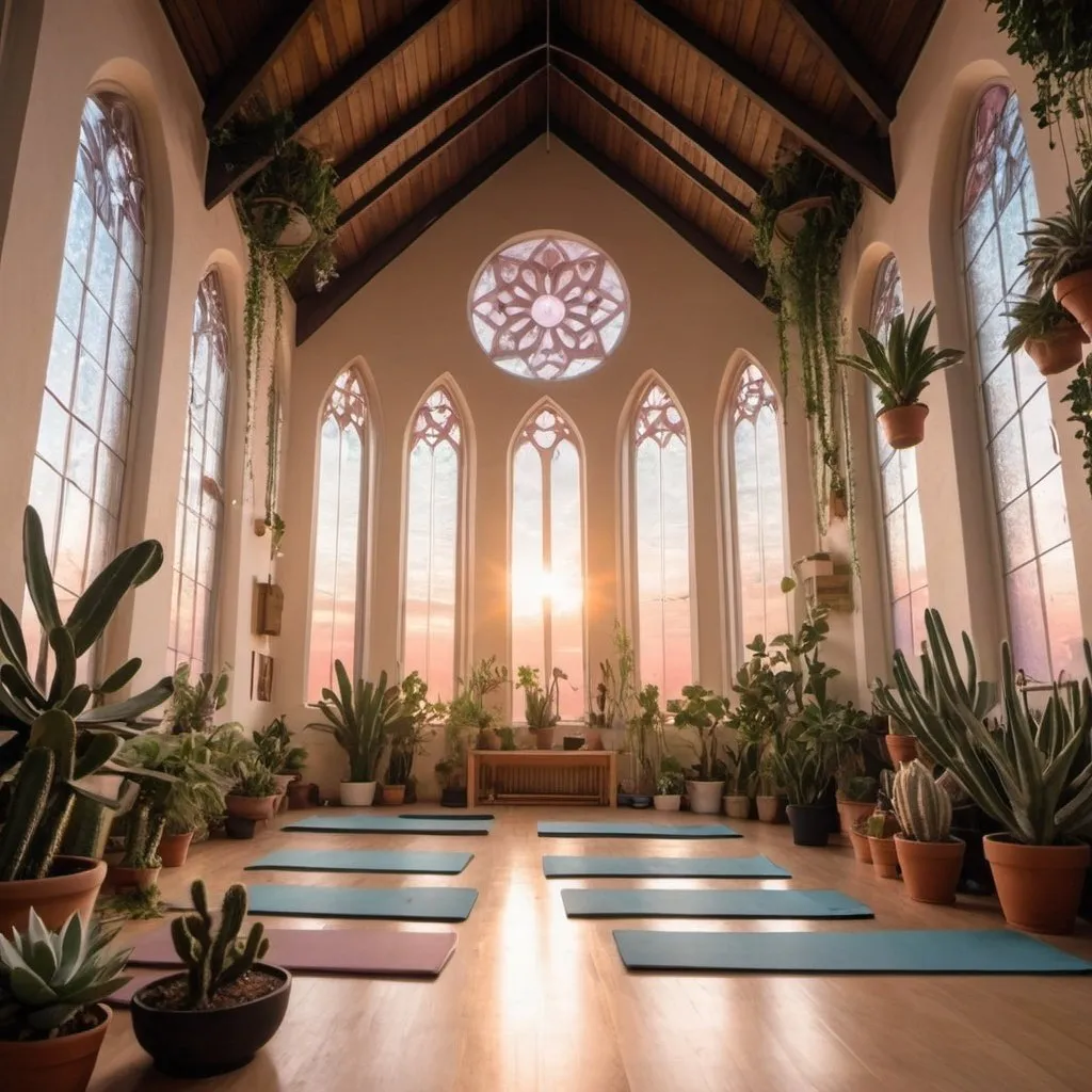 Prompt: interior of a cathedral converted into a yoga studio filled with many plants, cacti, more hanging plants at sunset 