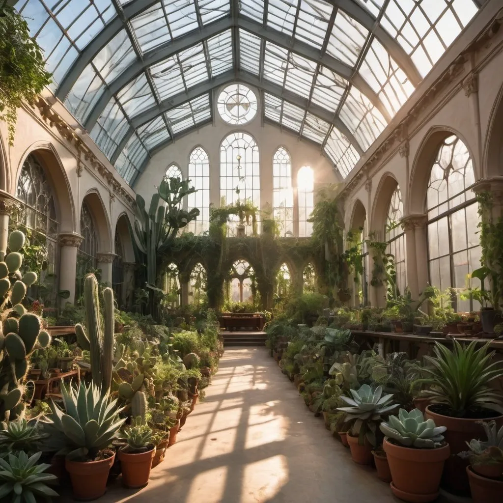 Prompt: interior of a large cathedral converted into a greenhouse,  filled with many leafy plants, some cacti, large hanging plants at sunset, large windows, vines and a large skylight