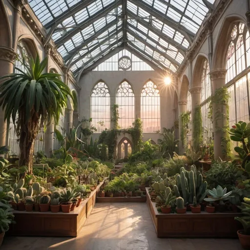 Prompt: interior of a large cathedral converted into a greenhouse,  filled with many leafy plants, some cacti, large hanging plants at sunset, large windows, vines and a large skylight