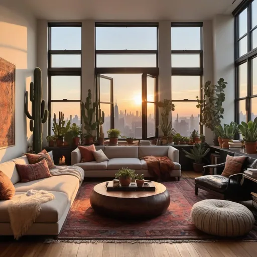 Prompt: interior living room shot of a new york city penthouse apartment with large windows, large amount of different plants, cacti, a fire place, wide plank wooden floors with moroccan rugs on a fall sunset, with books everywhere and floor seating and modern tech tastefully integrated, designed for a sophisticated bachelor in his late 30s clas
