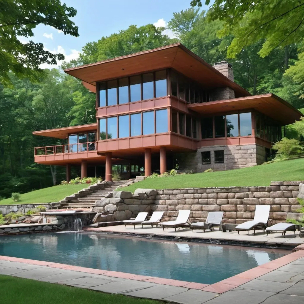 Prompt: frank loyd wright style modern home overlooking the hudson valley new york, with a pool
