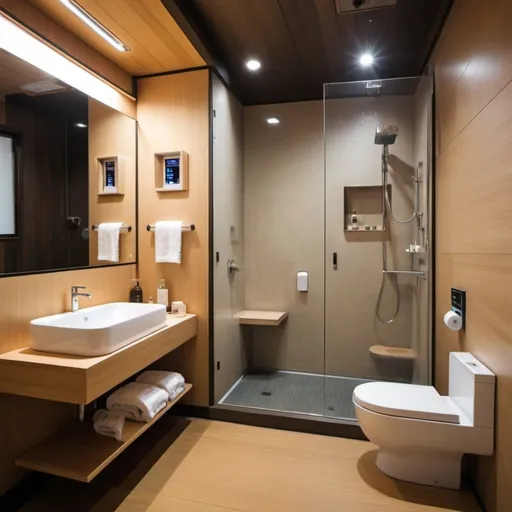 Prompt: super advanced japanese bathroom with 3 in 1 smart toilet , a rainfall shower and a huge tub, towel warming 

