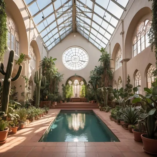 Prompt: interior of a large cathedral converted into a yoga studio, with a pool and  filled with many leafy plants, some cacti, large hanging plants at sunset, large windows, vines and a large skylight