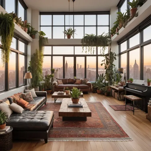 Prompt: interior living room with a dining room and open kitchen 
shot of a new york city penthouse apartment with large windows, large amount of different plants, cacti, a fire place, wide plank wooden floors with moroccan rugs on a fall sunset, with books everywhere and floor seating and modern tech tastefully integrated, designed for a sophisticated bachelor in his late 30s add lots og hanging plants