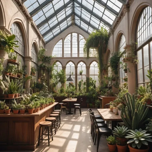 Prompt: interior of a large cathedral converted into a greenhouse,  filled with many leafy plants, some cacti, large hanging plants at sunset, large windows, vines and a large skylight and a charming coffee shop in the middle