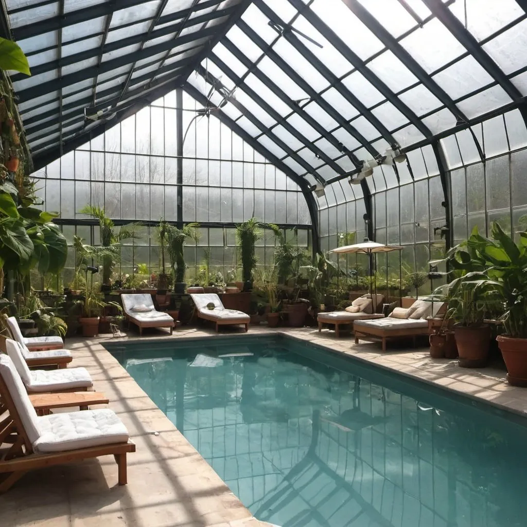 Prompt: indoor pool in giant greenhouse with hundreds of plants, hammocks, jacuzzi, Sauna, cold plunge, shower, steamroom
