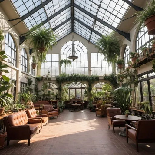 Prompt: interior of avery large cathedral converted into a greenhouse, library, coffee shop, with comfy seating filled with many leafy plants, some cacti, large hanging plants at sunset, large windows, vines and a large skylight and a water fountain in the middle  and hammocks at different areas