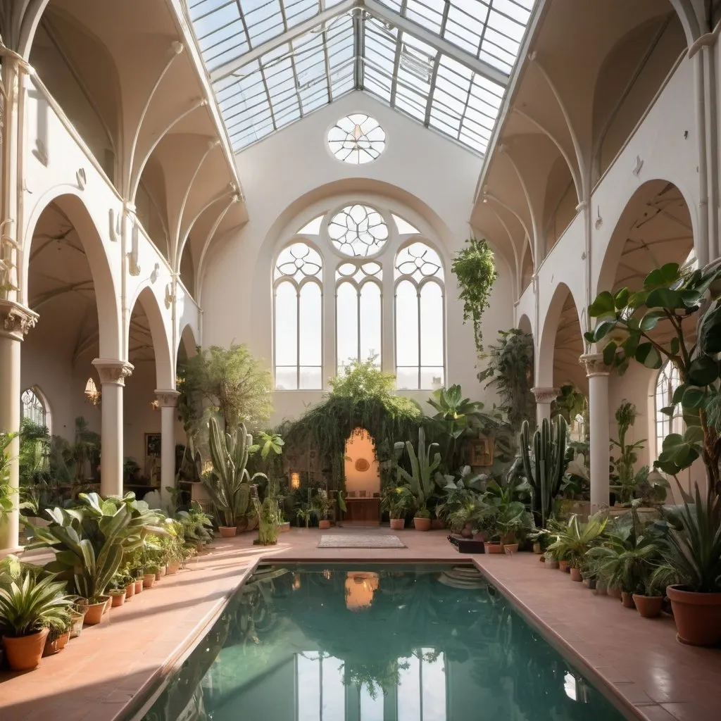 Prompt: interior of a large cathedral converted into a yoga studio, with a pool and  filled with many leafy plants, some cacti, more hanging plants at sunset, large windows, vines and a large skylight