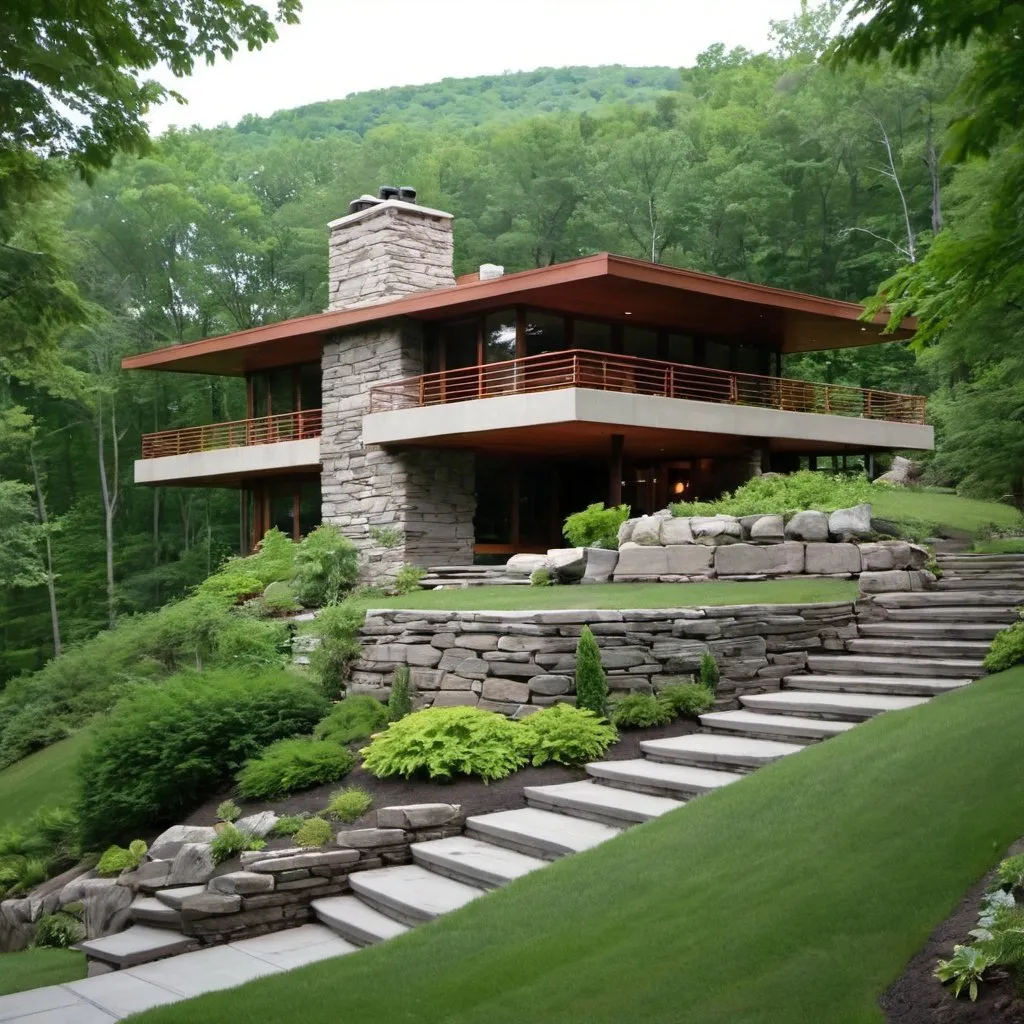 Prompt: frank loyd wright style modern home overlooking the hudson valley new york
