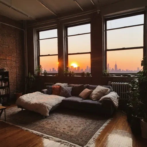 Prompt: very Cozy loft space in brooklyn at sunset