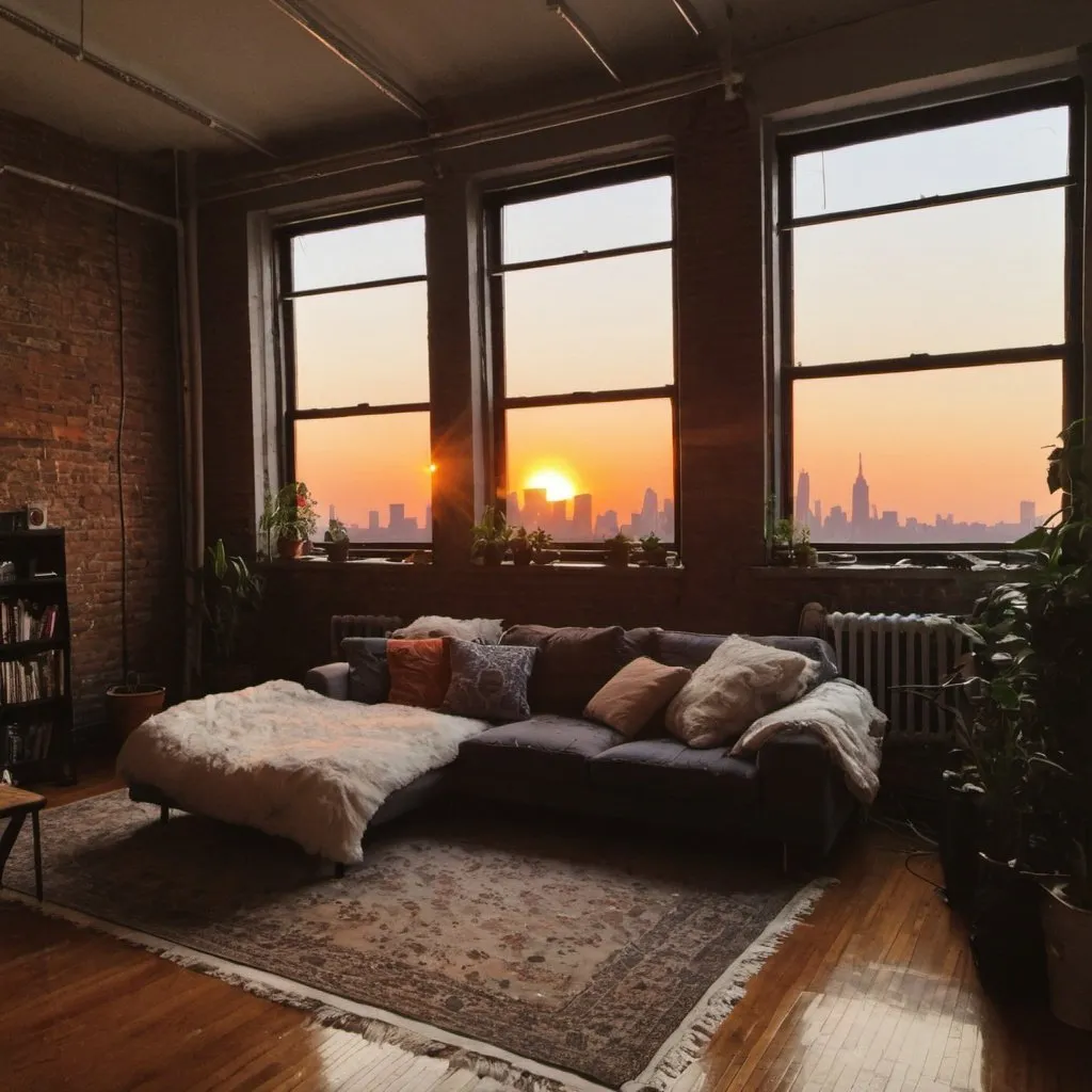 Prompt: very Cozy loft space in brooklyn at sunset