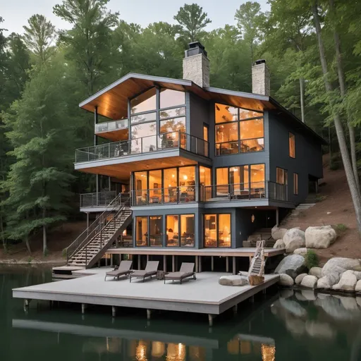 Prompt: modernist 3 story lake house with a wrap around deck 