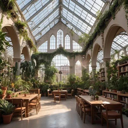 Prompt: interior of a large cathedral converted into a greenhouse, library, coffee shop, with comfy seating filled with many leafy plants, some cacti, large hanging plants at sunset, large windows, vines and a large skylight and a water feature
