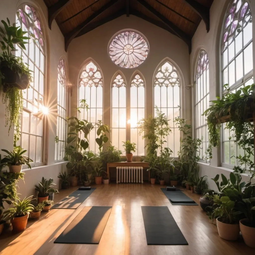 Prompt: interior of a cathedral converted into a yoga studio filled with very very many plants, more hanging plants at sunset with sun beams through the large windows