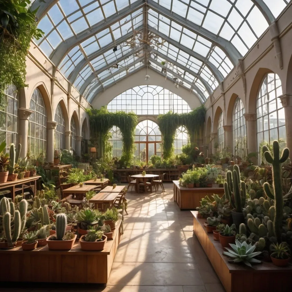 Prompt: interior of a large cathedral converted into a greenhouse,  filled with many leafy plants, some cacti, large hanging plants at sunset, large windows, vines and a large skylight and a cafe in the middle